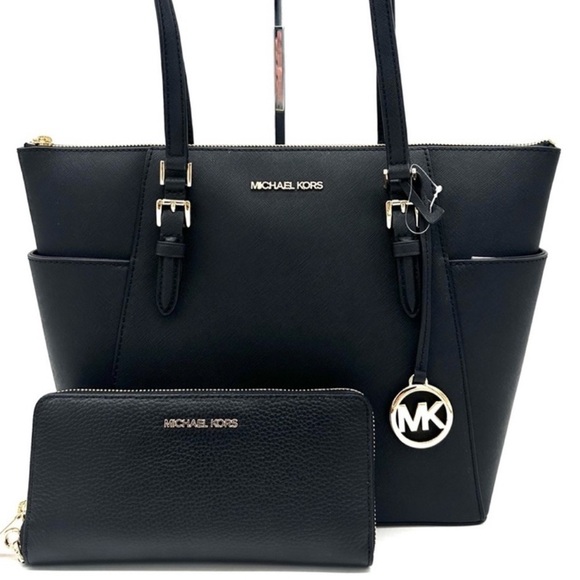 Michael Kors Large Charlotte Tote Bag & Large Continental Wallet Wristlet Black - Picture 1 of 14